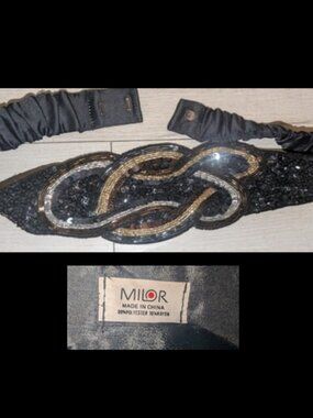 Vtg 80s Milor Black & Gold Sequin Wide Evening Adjustable Cummerbund Belt Womens